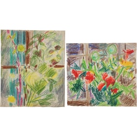 Robert Angeloch, 2 Unsigned, Crayon Drawings on Paper, Botanical Gardens