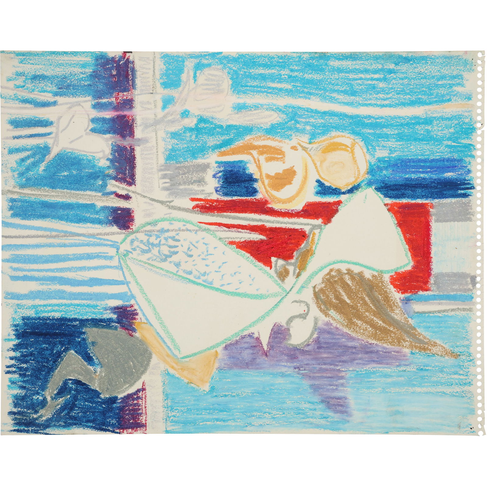 Robert Angeloch, Unsigned, Crayon Drawing on Paper, Abstract with Horse, Shapes (1 of 10)