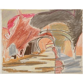 Robert Angeloch, Unsigned, Crayon Drawing on Paper, Abstract Modernism Landscape