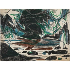 Robert Angeloch, Unsigned, Crayon Drawing on Cardboard, Stream Landscape