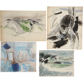 Robert Angeloch, 4 Assorted Unsigned, Crayon and Ink Drawings on Paper, Landscapes