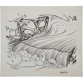 Robert Angeloch, Signed, Ink Drawing on Paper, Waterfalls Landscape