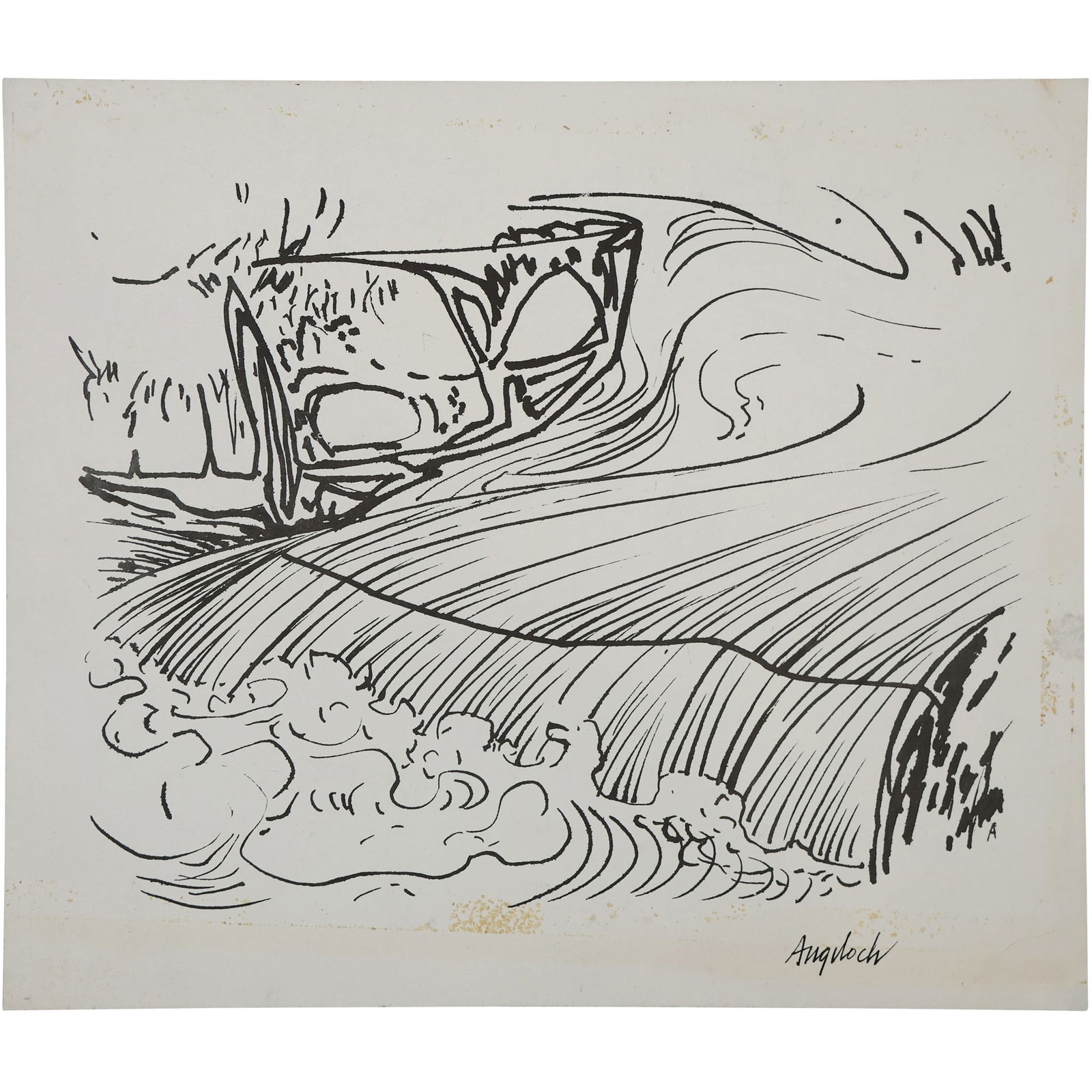 Robert Angeloch, Signed, Ink Drawing on Paper, Waterfalls Landscape (1 of 10)