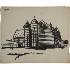Robert Angeloch, Signed, Ink Drawing on Paper, Rural Barn