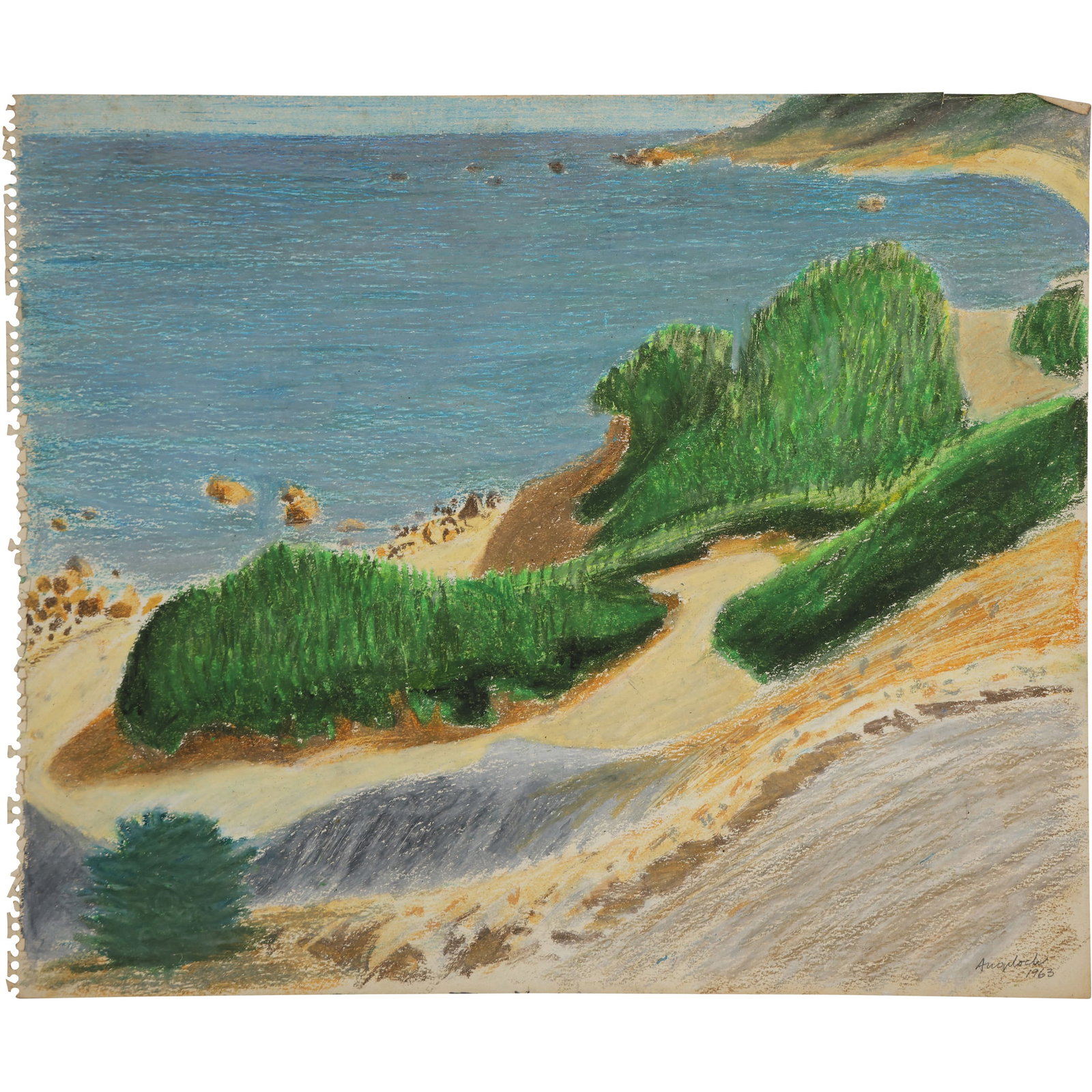 Robert Angeloch, Unsigned, Crayon Drawing on Paper, Coastal Seascape: Robert Angeloch, Unsigned, Crayon Drawing on Paper, Coastal Seascape. size: 14h x 17w ; Robert Henry Angeloch (1922 - 2011) was active/lived in New York. Robert Angeloch is known for Etcher and block 