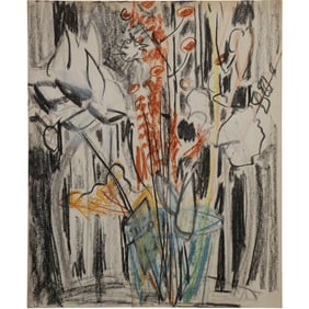 Robert Angeloch, Unsigned, Crayon Drawing on Paper, Garden Landscape