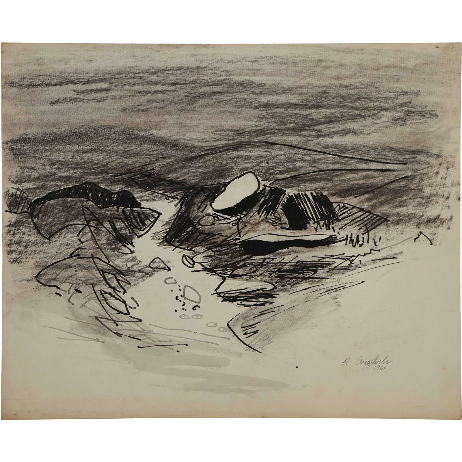 Robert Angeloch, Unsigned, Ink Drawing on Paper, Coastal Seascape: Robert Angeloch, Unsigned, Ink Drawing on Paper, Coastal Seascape. size: 14h x 17w ; Robert Henry Angeloch (1922 - 2011) was active/lived in New York. Robert Angeloch is known for Etcher and block pri