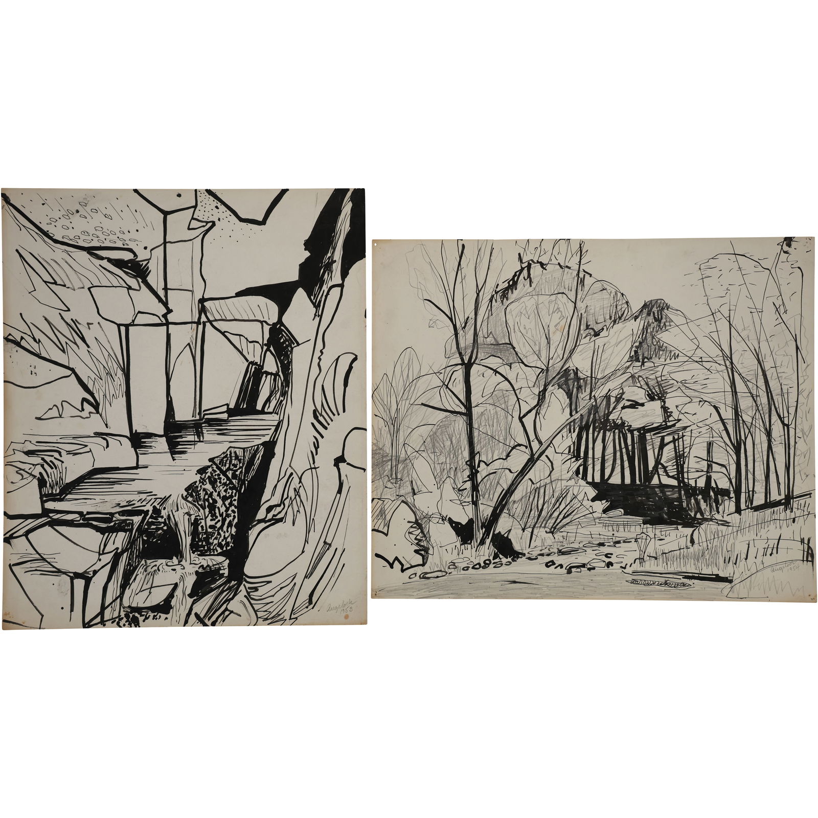 Robert Angeloch, 2 Unsigned, Ink Drawings on Paper, Landscapes (1 of 10)