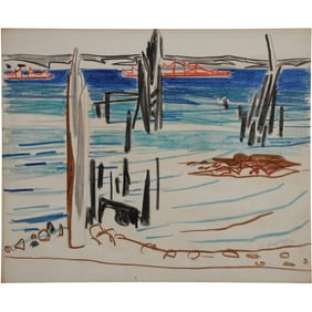 Robert Angeloch, Unsigned, Crayon Drawing on Paper, Coastal Scene
