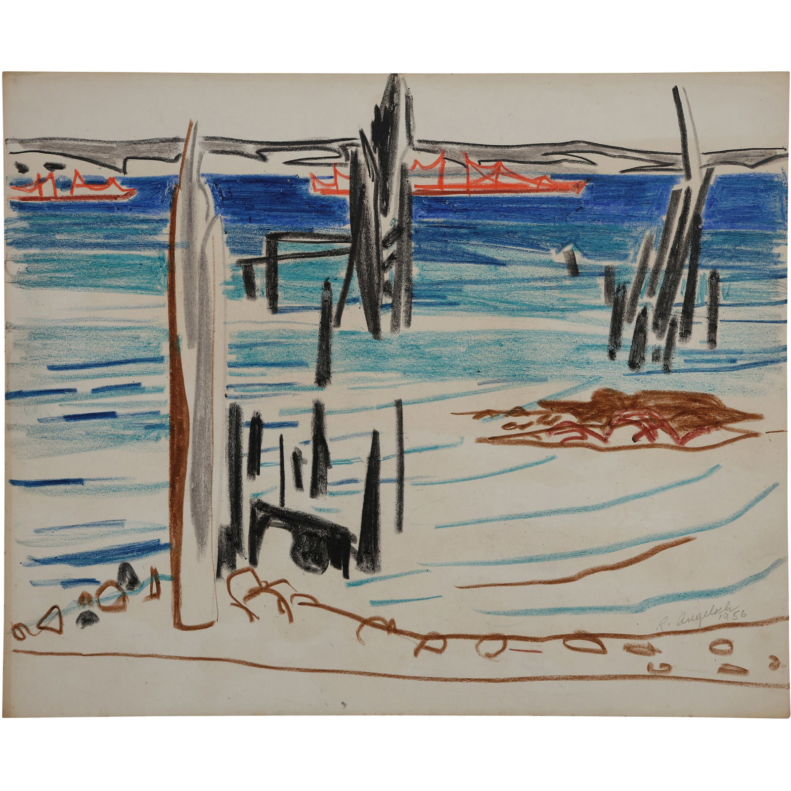 Robert Angeloch, Unsigned, Crayon Drawing on Paper, Coastal Scene: size: 14h x 17w ; Robert Henry Angeloch (1922 - 2011) was Robert Angeloch, Unsigned, Crayon Drawing on Paper, Coastal Scene. active/lived in New York. Robert Angeloch is known for Etcher and block pri