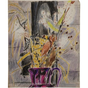 Robert Angeloch, Unsigned, Crayon Drawing on Paper, Still Life Flowers in Pot