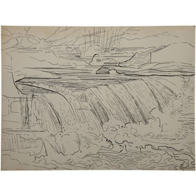 Robert Angeloch, Unsigned, Ink Drawing on Paper, Stream with Waterfalls
