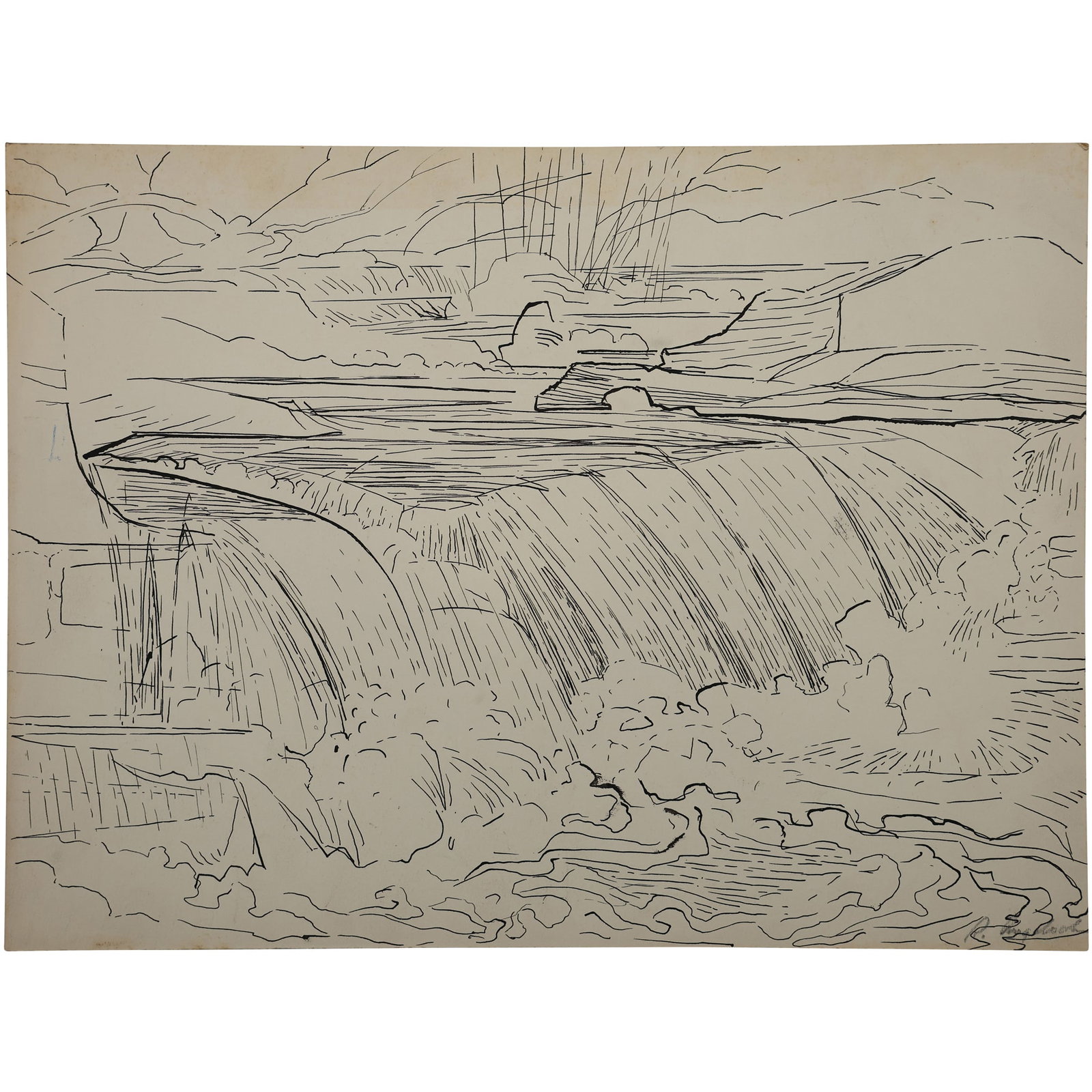 Robert Angeloch, Unsigned, Ink Drawing on Paper, Stream with Waterfalls: Robert Angeloch, Unsigned, Ink Drawing on Paper, Stream with Waterfalls. size: 11.5h x 15.5w ; Robert Henry Angeloch (1922 - 2011) was active/lived in New York. Robert Angeloch is known for Etcher and
