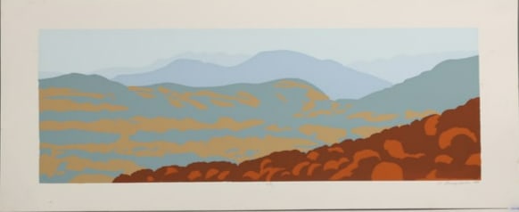 Robert Angeloch 1922-2011, Color Woodcut, Signed, Dated 1988, 5/18, Hudson Valley Landscape