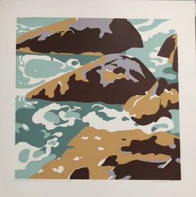 Robert Angeloch, Color Woodcut, Signed, Dated 1988, "Rocks and Foam at Squeakers Cove"