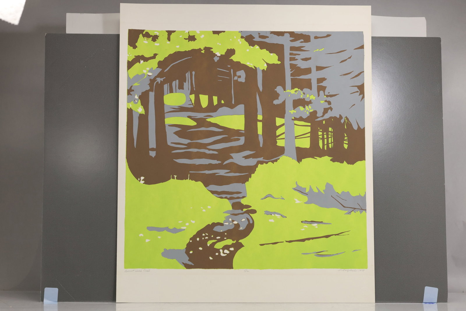 Robert Angeloch 1922-2011, Color Woodcut, Signed, Dated 1979, "Burnt Head Trail" #5/12: Robert Angeloch 1922-2011, Color Woodcut, Signed, Dated 1979, "Burnt Head Trail" #5/12. size: 22.5 x 19 ; Robert Henry Angeloch (1922 - 2011) was active/lived in New York. Robert Angeloch is known for