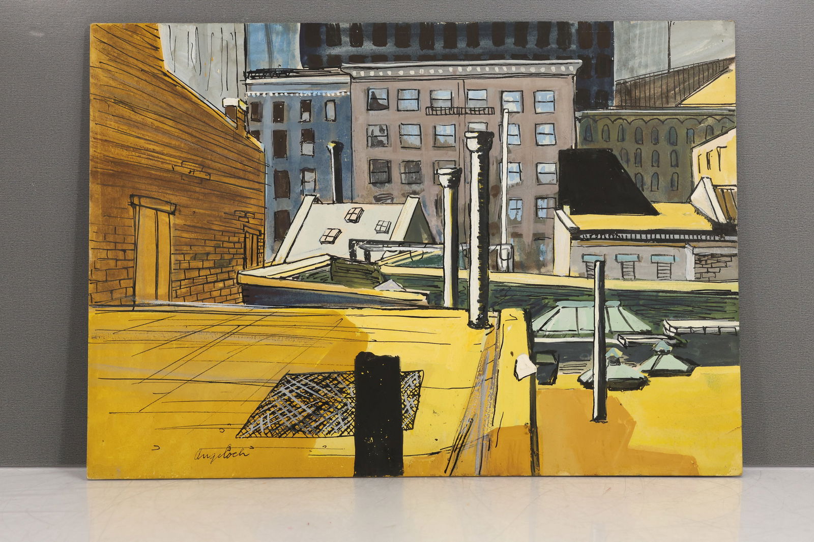Robert Angeloch 1950 Oil Painting on Board "Rooftops From Studio on 14th St." Signed Front & Back (1 of 14)
