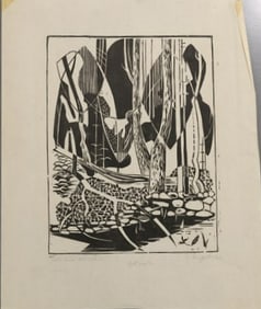 Robert Angeloch 1922-2011, Woodcut, Signed, Dated 1949 "Trees and Fence", 3rd State