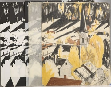 Robert Angeloch 1922-2011, Signed, Dated 1952, Original Art and 3 Woodcuts of a Church