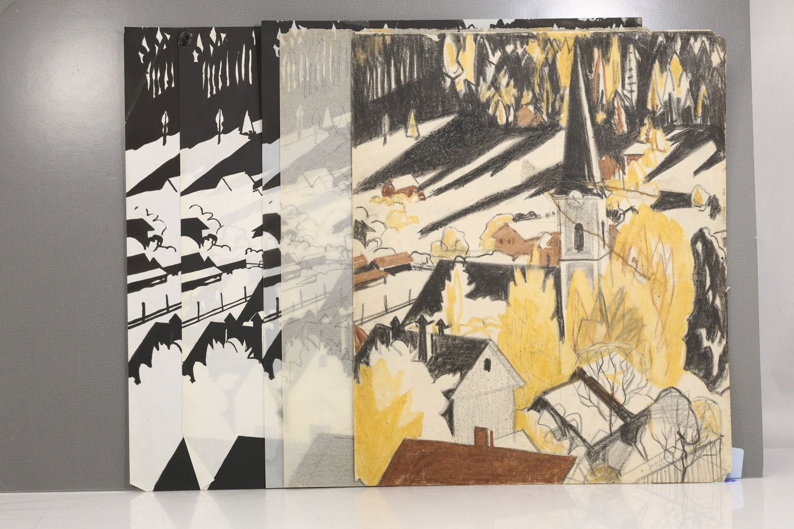 Robert Angeloch 1922-2011, Signed, Dated 1952, Original Art and 3 Woodcuts of a Church (1 of 12)