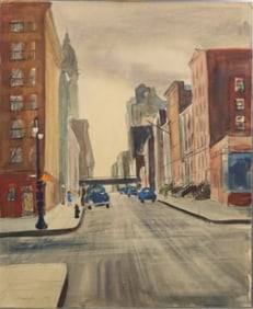 Robert Angeloch 1922-2011, Watercolor Painting on Paper, Signed, Dated 1949, "27th Street" NYC