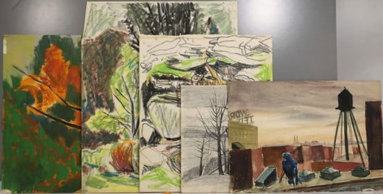Robert Angeloch 1922-2011, Grouping of 5 Assorted Watercolors and Drawings includes Industrial Scene