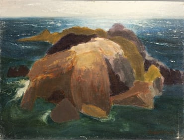 Robert Angeloch 1922-2011, COASTAL ROCKS FORMATION Oil on Board Painting. Signed