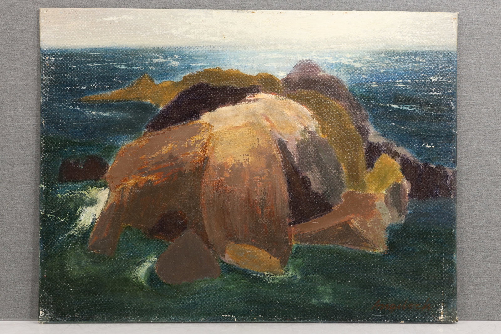 Robert Angeloch 1922-2011, COASTAL ROCKS FORMATION Oil on Board Painting. Signed: Robert Angeloch 1922-2011, COASTAL ROCKS FORMATION Oil on Board Painting. Signed on front ANGELOCH, with artist's inventory #21, 6114A size: 12 x 16 ; Robert Henry Angeloch (1922 - 2011) was active/li