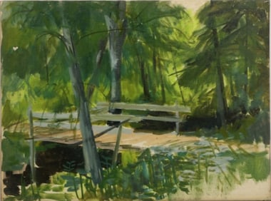 ROBERT ANGELOCH 1922-2011 Woodstock NY - "WOODEN BRIDGE" Oil on Board Painting , Signed on Verso