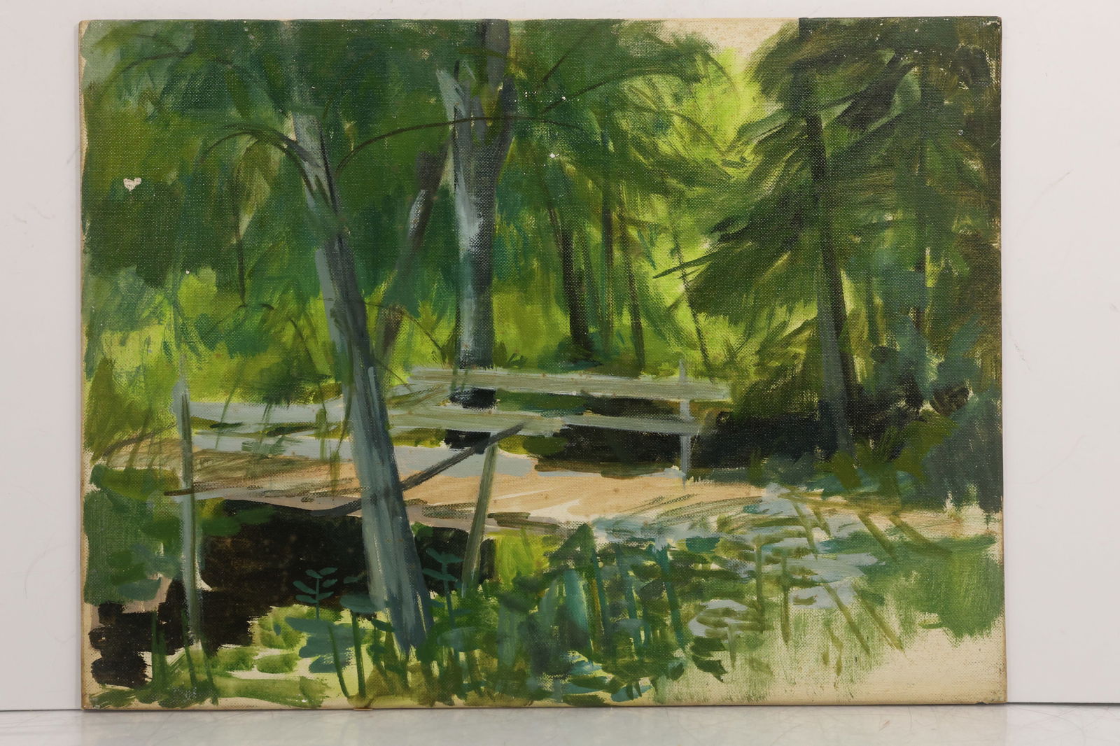 ROBERT ANGELOCH 1922-2011 Woodstock NY - "WOODEN BRIDGE" Oil on Board Painting , Signed on Verso (1 of 11)