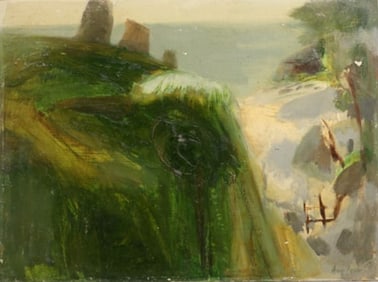ROBERT ANGELOCH 1922-2011 Woodstock NY - "SHORE CLIFF" Oil on Board Painting , Signed on front