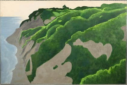 ROBERT ANGELOCH 1922-2011, Large Oil on Board Painting, Signed, House on Hill Coastal Cliffs