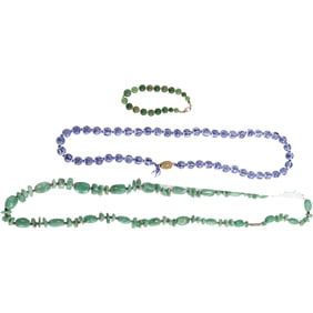 Aventurine Bead Necklace 32 in.; Silver Clasp Blue & White Chinese Beads Necklsace 24 in.;