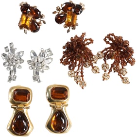 4 Pairs Costume Clip-on Earrings Quality Gold Tone 2-Part Hanging with Amber Tone Stones 2 1/4 in.;