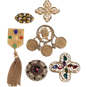 6 Assorted Costume Jewelry Fashion Pins: gold Tone Shield with Tassell Fringe, 4 Cabuchons Pin
