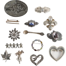 14 Assorted Sterling Silver Pins: Sterling Tie Bar Pin 1 1/5 in.; Lg. Oval Sterling Initial Pin