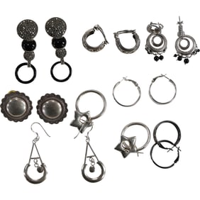 8 Assorted Pairs Sterling Pierced Earrings: Silpada .925 Filigree half hoops 1 in. x 1 in.; Sterling