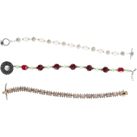 3 Assorted Sterling Silver Bracelets: Sterling Bracelet with Red and Green Glass Beads 8 in.;