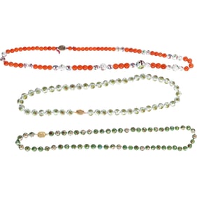 3 Assorted Necklaces: Silver Clasp Carnelian and Cloisonne Necklace 26 in.; Green Petals with Red