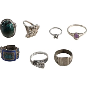 7 Assorted Sterling Silver Rings: Sterling with CZ Ring Size 3; Sterling Israel Adjustable Ring