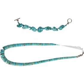 1970s Original Blue Disc Graduated Turquoise Necklace 23 in. ; Original Large Turquoise Chunk