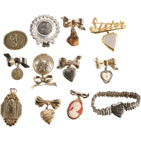 12 Assorted Gold Tone Costume Jewelry Pins, Bracelet, Lockets, Frame - See Pictures