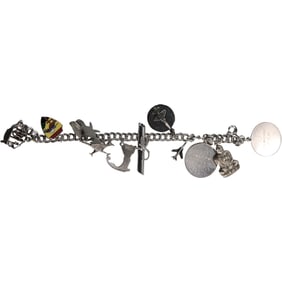 Sterling Silver Charm Bracelet 7 in.; 11 Sterling Charms  [1 not Sterling Round Airplane] sizes