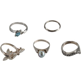 5 Assorted Sterling Silver Rings: Sterling with CZ Ring Size 6; Sterling with MOP Dragonfly Ring