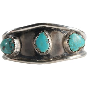 Sterling Silver Native American Navajo Cuff Bracelet with 3 Large Turquoise Stones, Vintage 1930s
