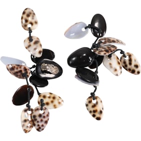 Black Lucite and Brown Lucite with Tortoise Shell Panels Dangling Clip-on Earrings 4 1/2 in. x 2 1/2