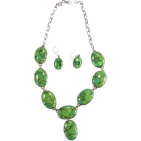 3 Piece Sterling Silver and Gaspeite 7 Oval Panels, 1 Oval as Pendant Necklace 17 in. x 2 in.