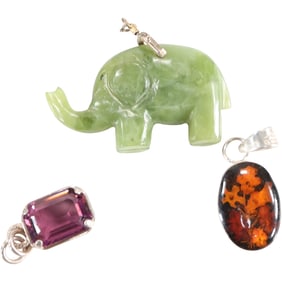 3 Pendants: .925 Sterling Jade Elephant Pendant 1 1/2 in. x 1 in.; .925 Mexico Lucite Pendant