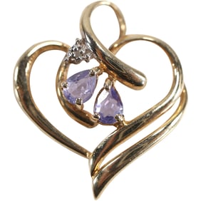 10K Yellow Gold Heart Pendant with 2 Purple Amethyst and 1 Diamond, Weighs 0.77 dwt