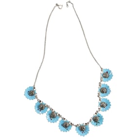 Vintage 9 Shell Panels Enameled Turquoise Blue with Marcasite Clusters Necklace 17 in.
